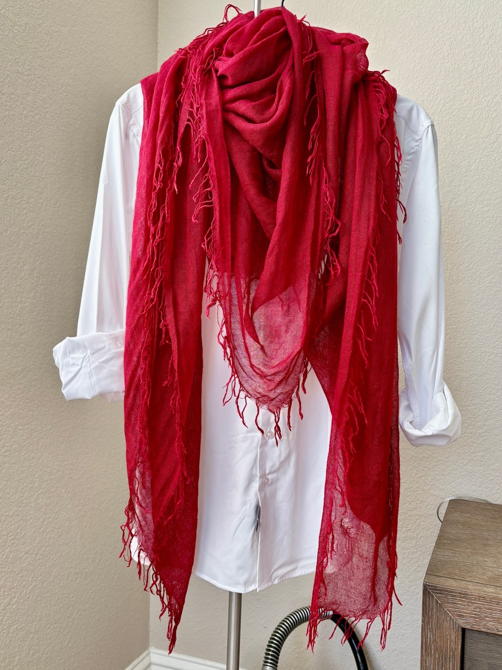 Chan Luu Red Lightweight Fringed Wrap Scarf